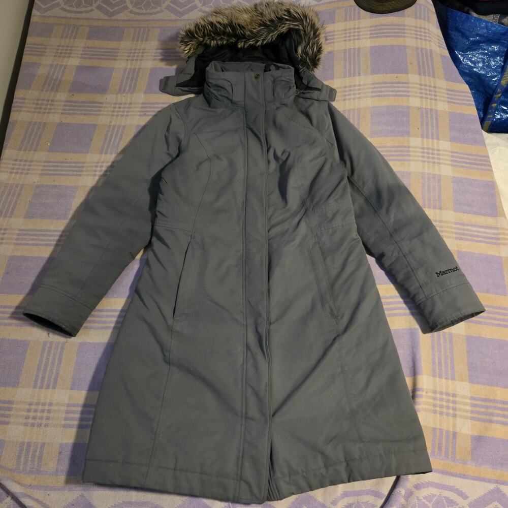 MARMOT Coat Medium Gray 700 Fill Down Parka Winter Jacket Hooded Faux Fur Warm
